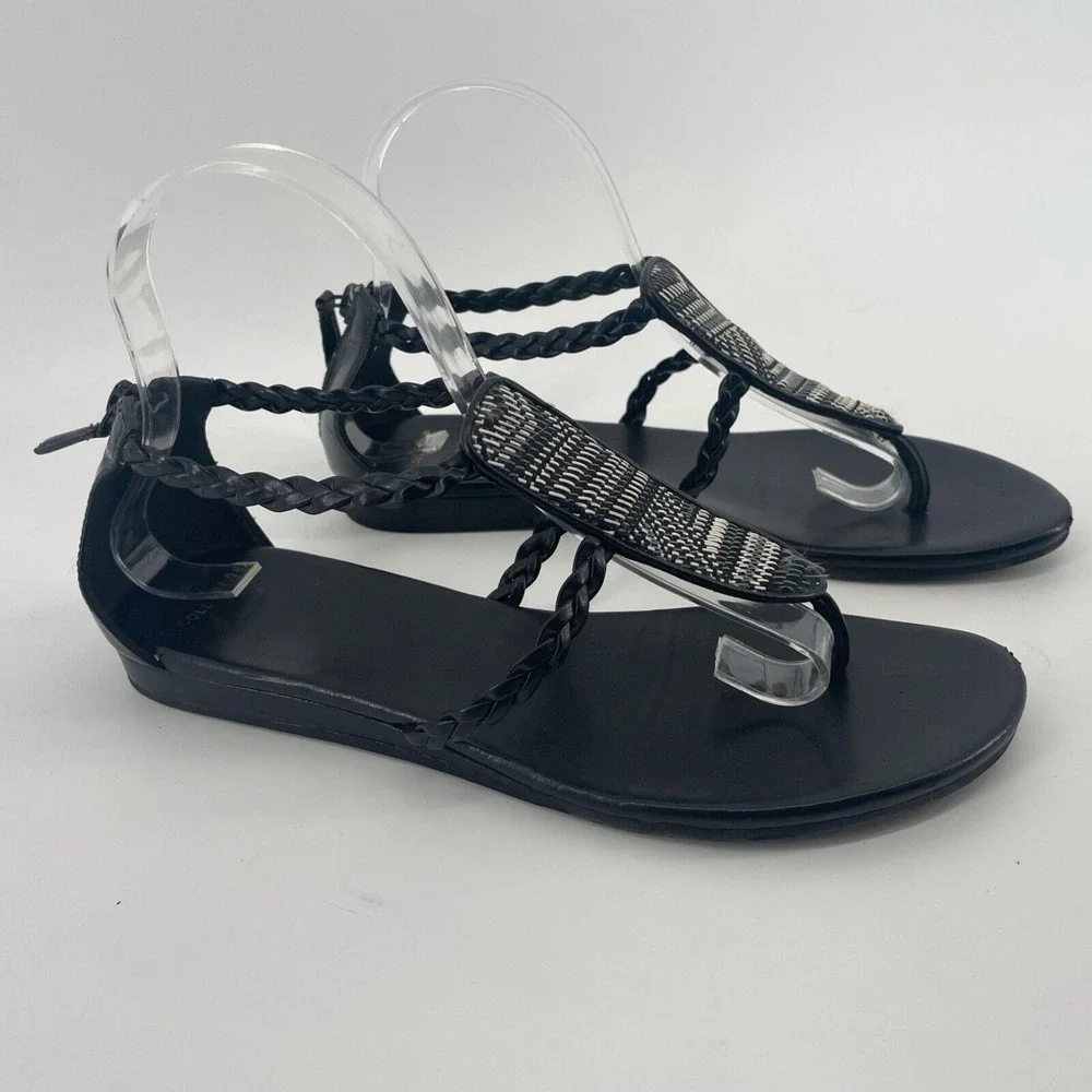 Cole Haan Thong Sandal Women's 7.5 B Black‎ Abbe Woven Braided Artsy Boho